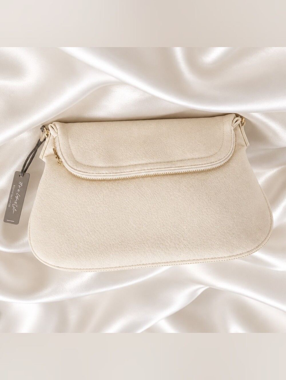 Cream Suede Clutch with Gold Zipper